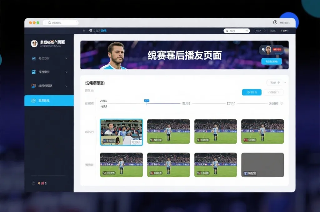 比赛结束后，电视屏幕展示集锦回放页面，旁边有时间轴和多角度切换提示
